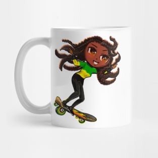 Jamaican jumper women skateboarding girl manga anime girl Jamaican girl on skateboard wearing jumper with colours of Jamaican flag black green and yellow women Mug